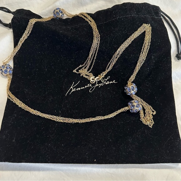 KENNETH JAY LANE SIGNED NECKLACE WITH BLUE CRYSTALS and POUCH - Picture 3 of 11